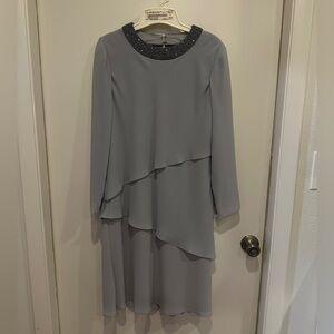 Julian Wilder Chic Layered Gray Dress with Embellished Neckline - Size 10P